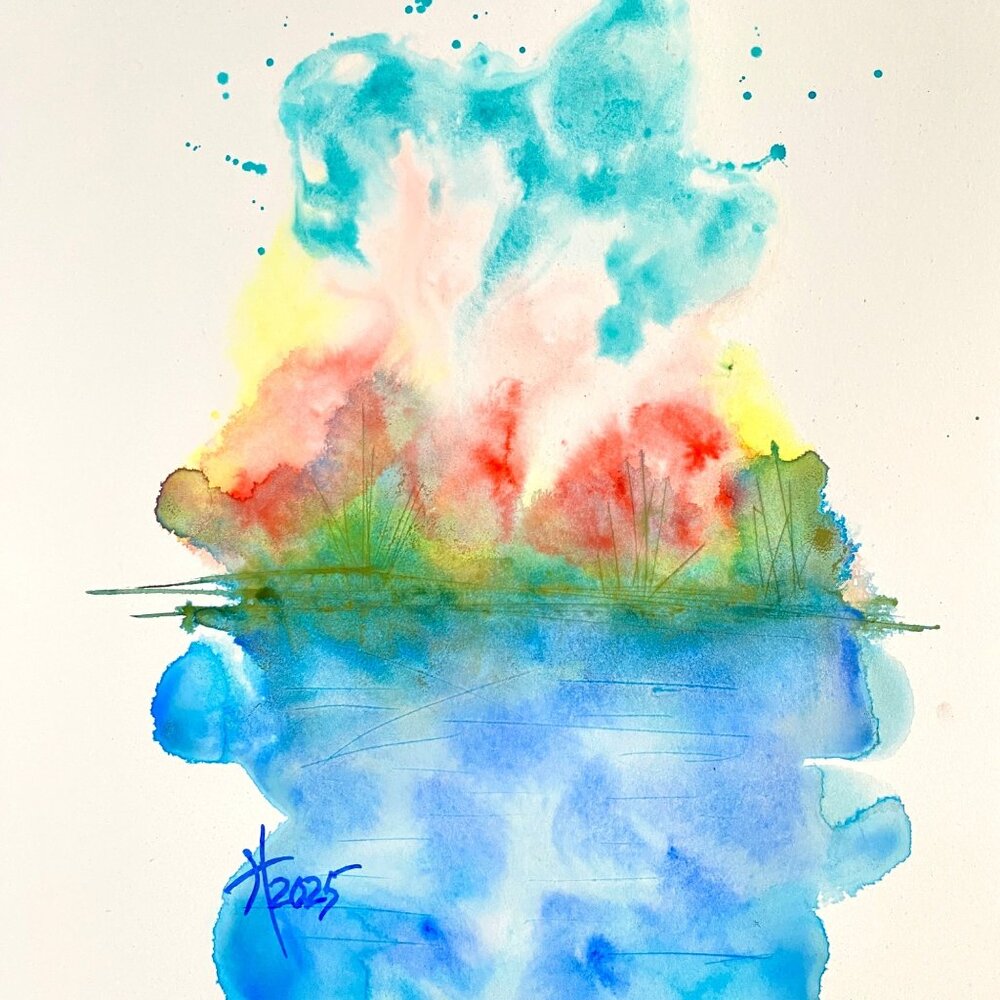 Art Original Sunset on the Pond Watercolor Painting Wall Art 11x14in Matted
